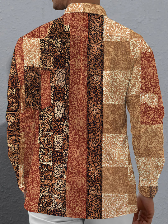 Adaychic Men's Vintage Style Paisley Patchwork Print Long Sleeve Shirt with Chest Pocket