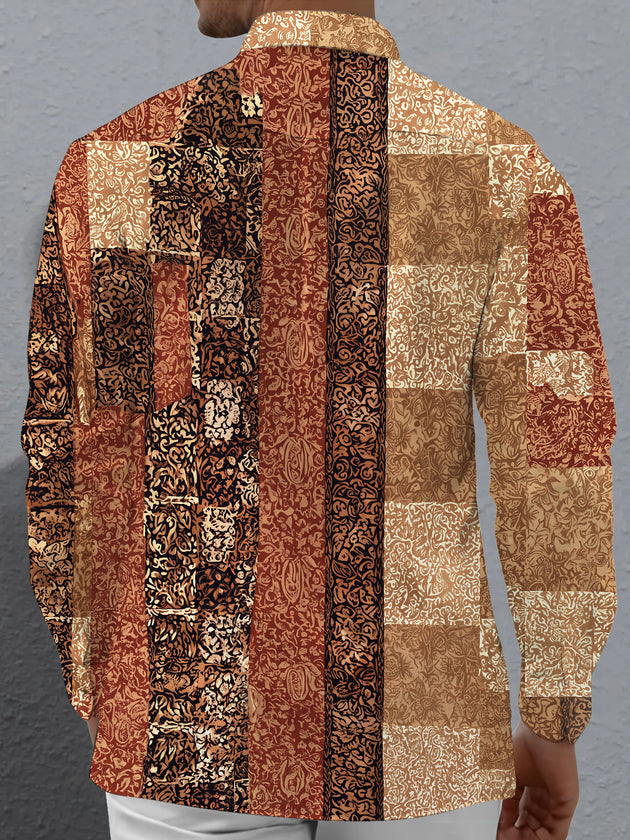 Adaychic Men's Vintage Style Paisley Patchwork Print Long Sleeve Shirt with Chest Pocket