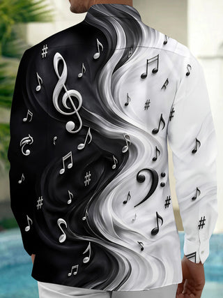 Adaychic Men's Graphic Musical Notes And Clefs Print Long Sleeve Shirt with Chest Pocket