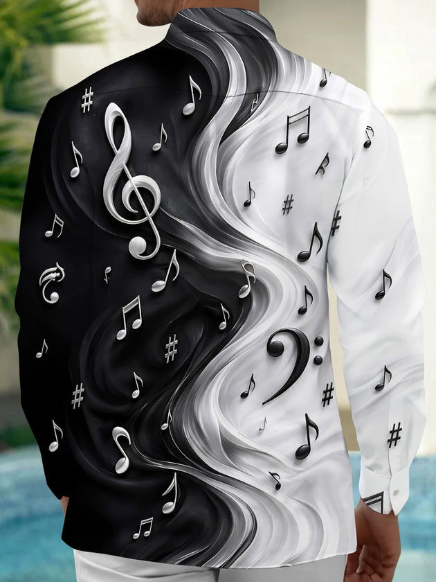 Adaychic Men's Graphic Musical Notes And Clefs Print Long Sleeve Shirt with Chest Pocket