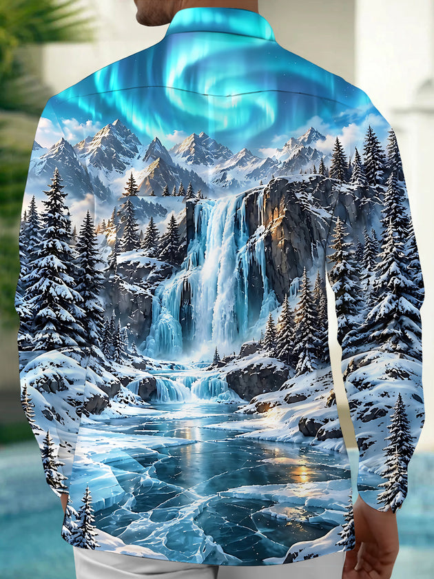 Adaychic Men's Long Sleeve Shirt - Snowy Mountain Landscape With Ice Waterfall Print with Chest Pocket