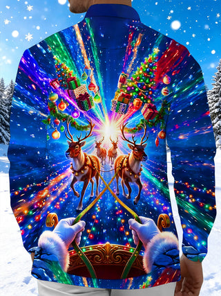 Adaychic Men's Santa Sleigh And Reindeer Print Long Sleeve Shirt with Chest Pocket