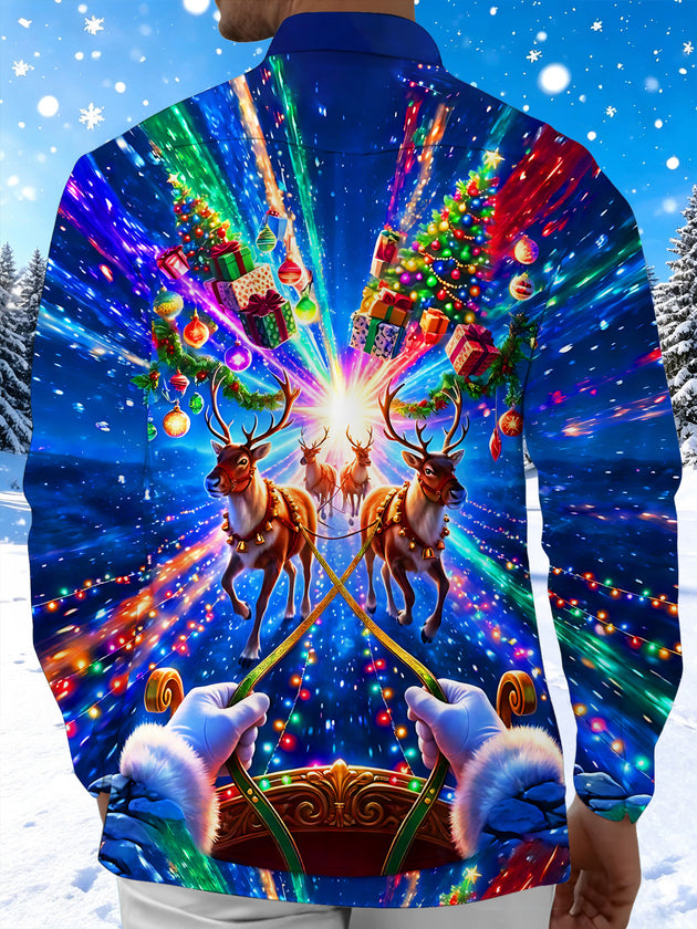 Adaychic Men's Santa Sleigh And Reindeer Print Long Sleeve Shirt with Chest Pocket