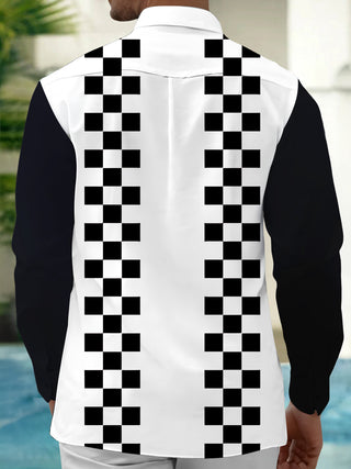 Adaychic Men's Black And White Checkerboard Stripes Print Long Sleeve Shirt with Chest Pocket