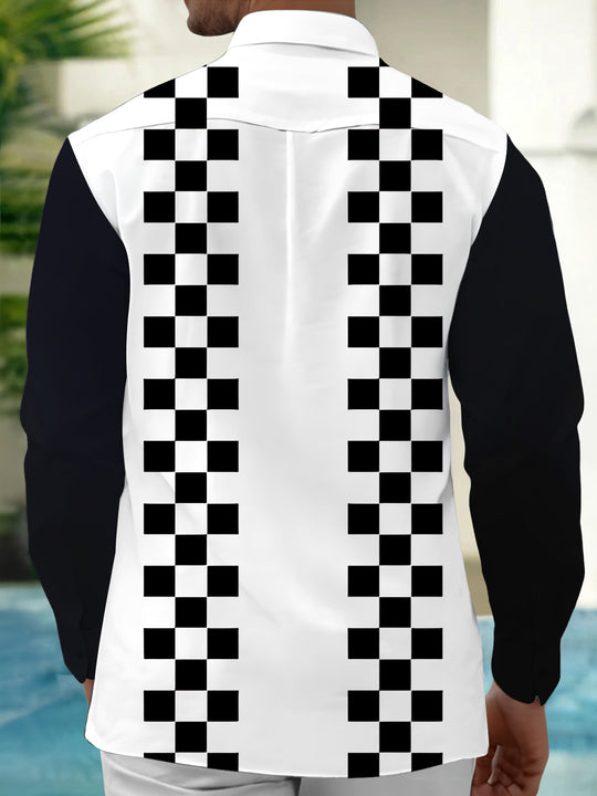 Adaychic Men's Black And White Checkerboard Stripes Print Long Sleeve Shirt with Chest Pocket