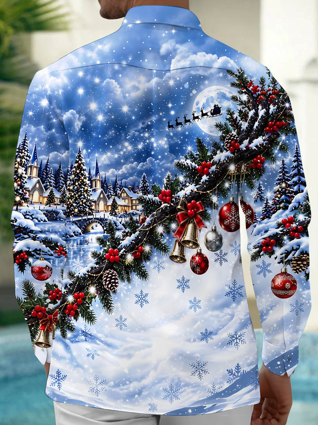 Adaychic Men's Long Sleeve Shirt - Christmas Village Scene With Snowy Trees And Church Print with Chest Pocket