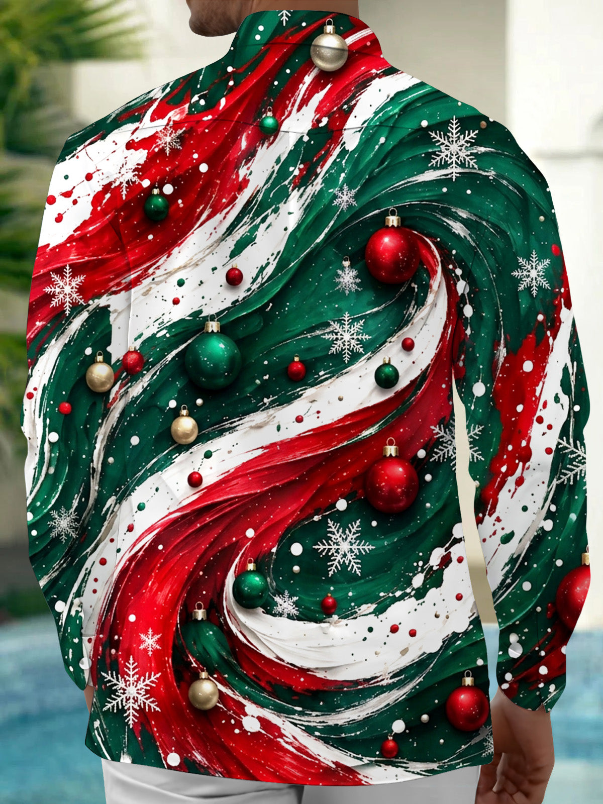 Adaychic Men's Long Sleeve Shirt - Abstract Swirls With Christmas Ornaments And Snowflakes Print with Chest Pocket