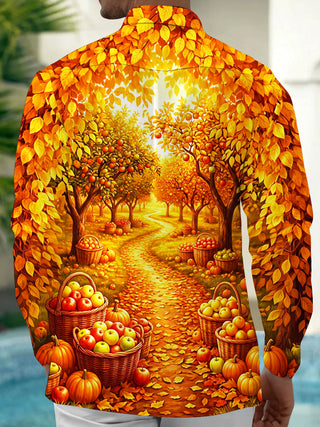 Adaychic Men's Long Sleeve Shirt - Autumn Orchard Path With Apples And Pumpkins Print with Chest Pocket
