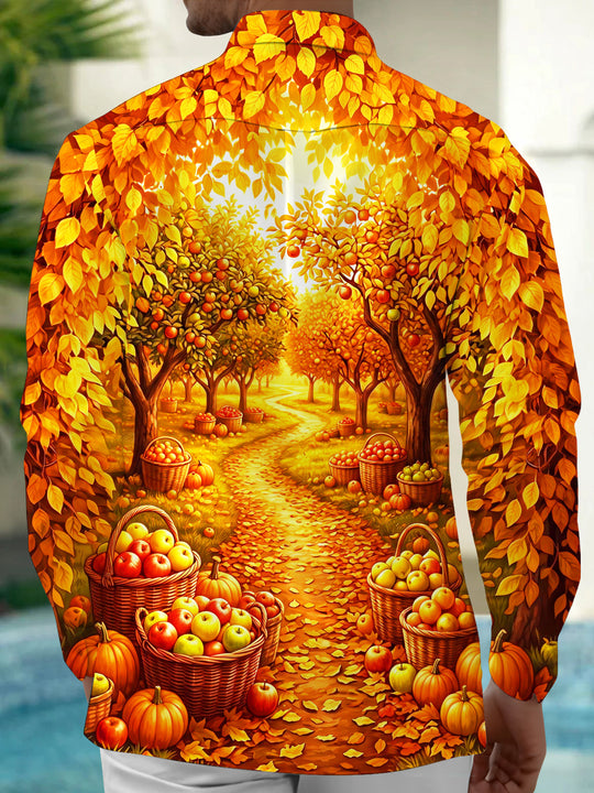 Adaychic Men's Long Sleeve Shirt - Autumn Orchard Path With Apples And Pumpkins Print with Chest Pocket