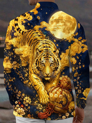 Adaychic Men's Graphic Golden Tiger Print Full Moon Print Long Sleeve Shirt with Chest Pocket
