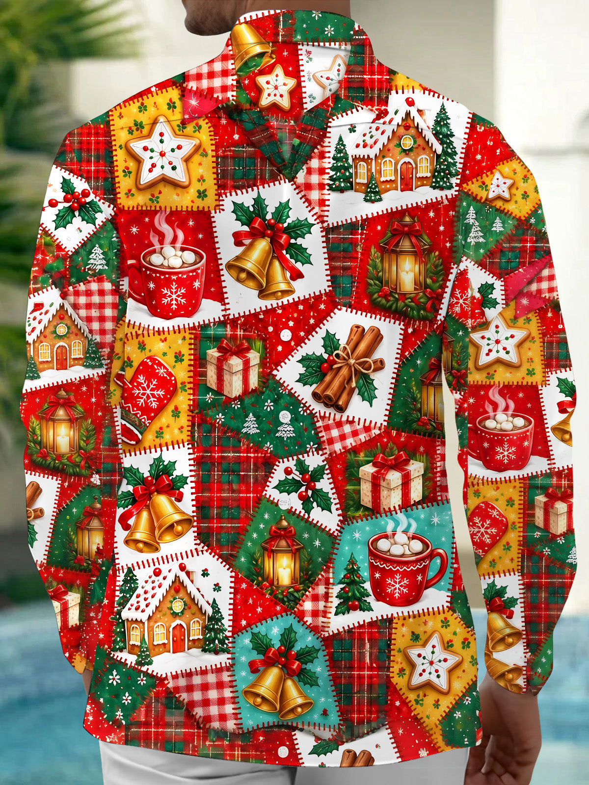 Adaychic Men's Graphic Christmas Patchwork Motifs Print Long Sleeve Shirt with Chest Pocket