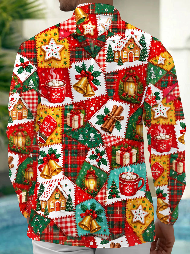 Adaychic Men's Graphic Christmas Patchwork Motifs Print Long Sleeve Shirt with Chest Pocket