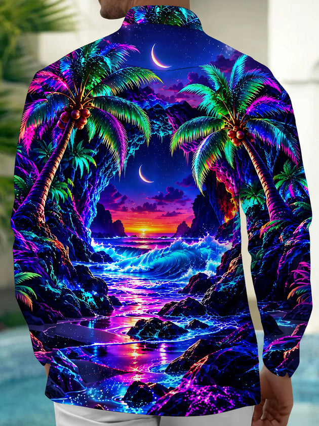 Adaychic Men's Long Sleeve Shirt - Neon Palm Trees And Tropical Sunset Beach Print with Chest Pocket