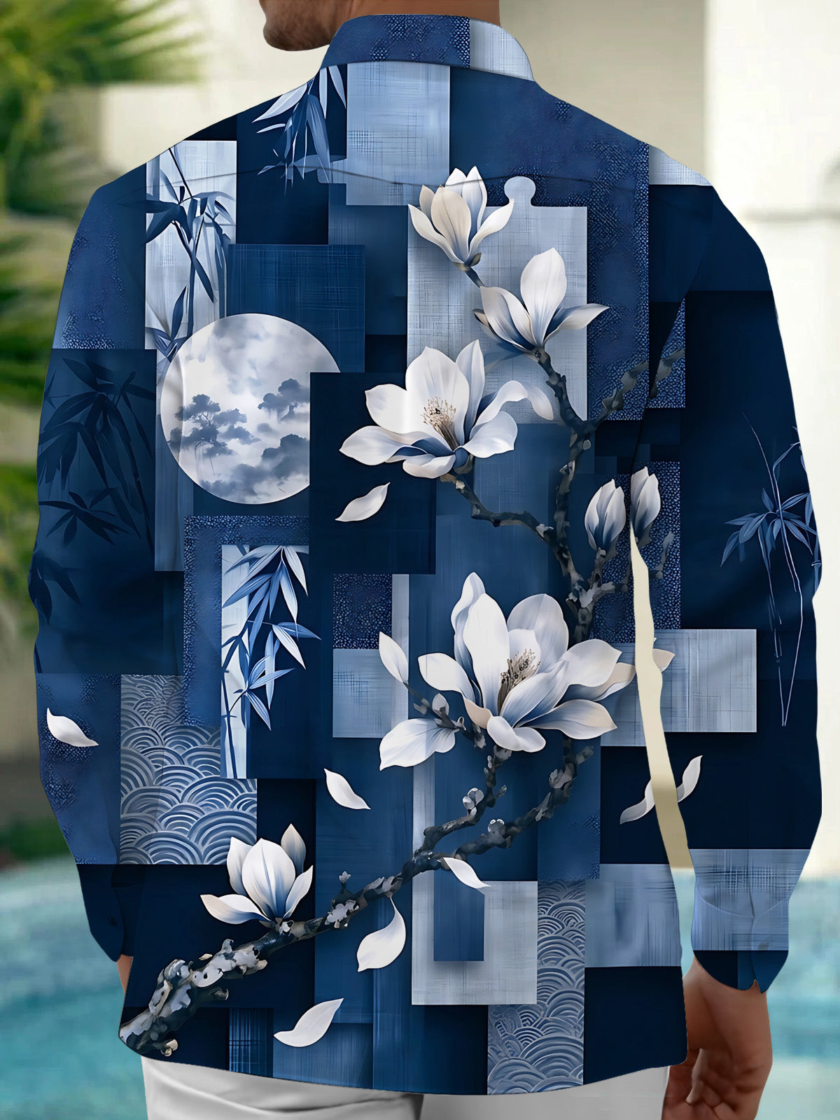 Adaychic Men's White Magnolia Flowers And Bamboo Leaves Print Long Sleeve Shirt with Chest Pocket