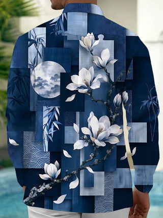 Adaychic Men's White Magnolia Flowers And Bamboo Leaves Print Long Sleeve Shirt with Chest Pocket