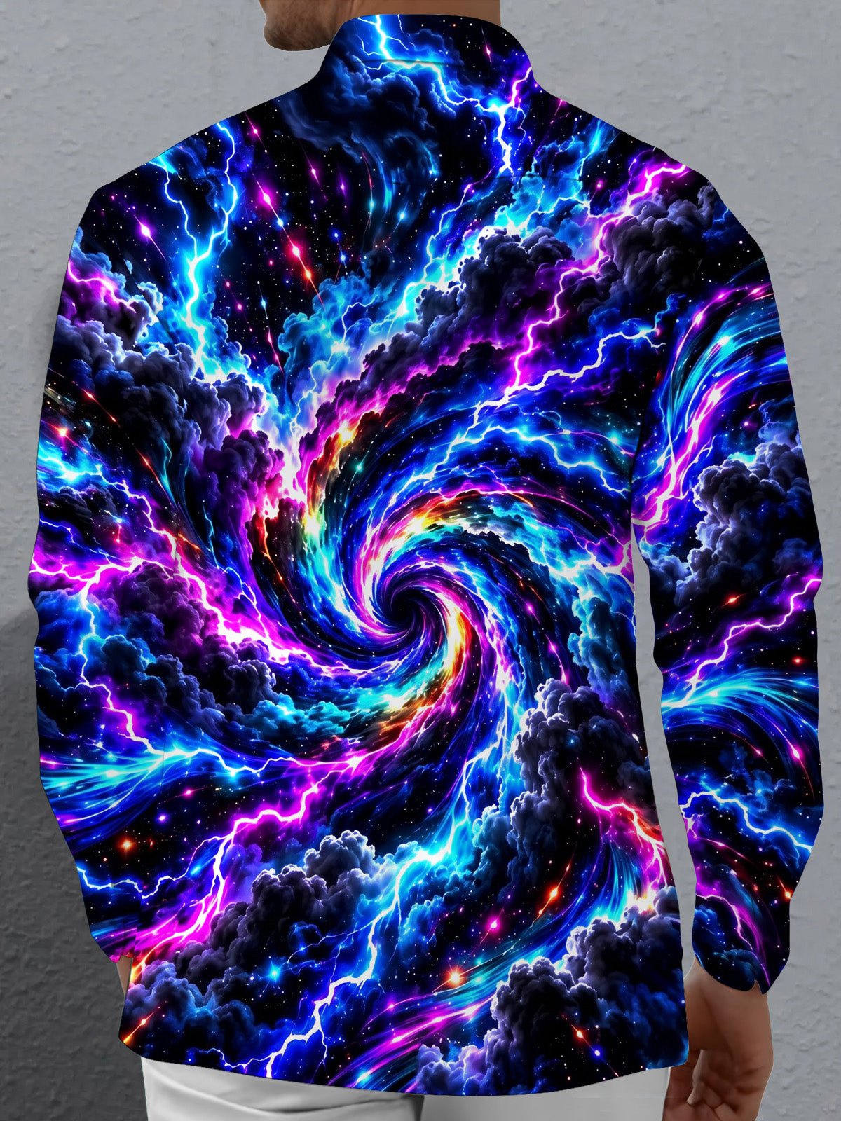 Adaychic Men's Long Sleeve Shirt - Abstract Cosmic Swirl With Lightning And Clouds Print with Chest Pocket