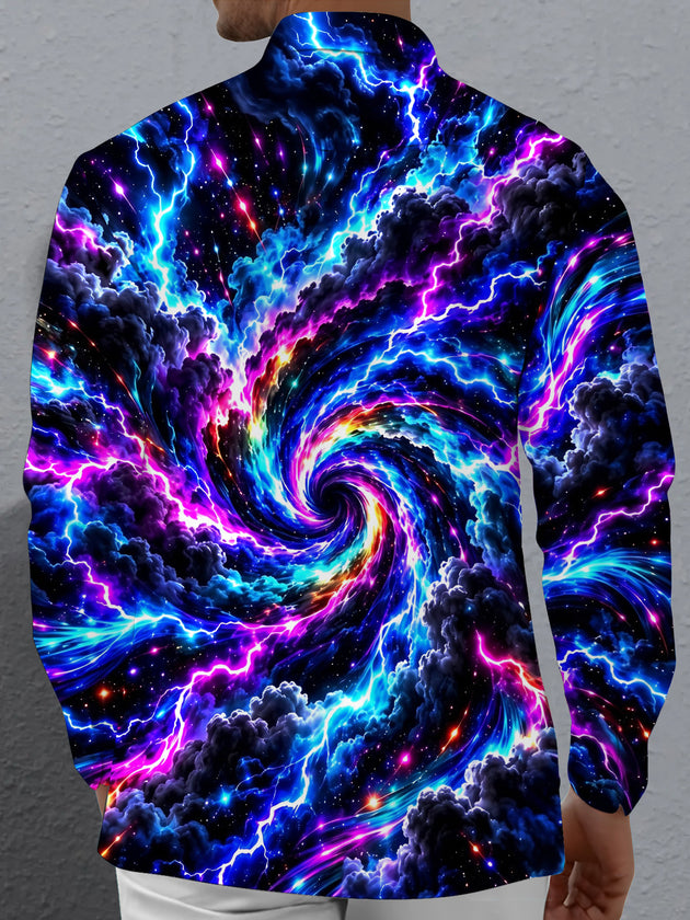 Adaychic Men's Long Sleeve Shirt - Abstract Cosmic Swirl With Lightning And Clouds Print with Chest Pocket