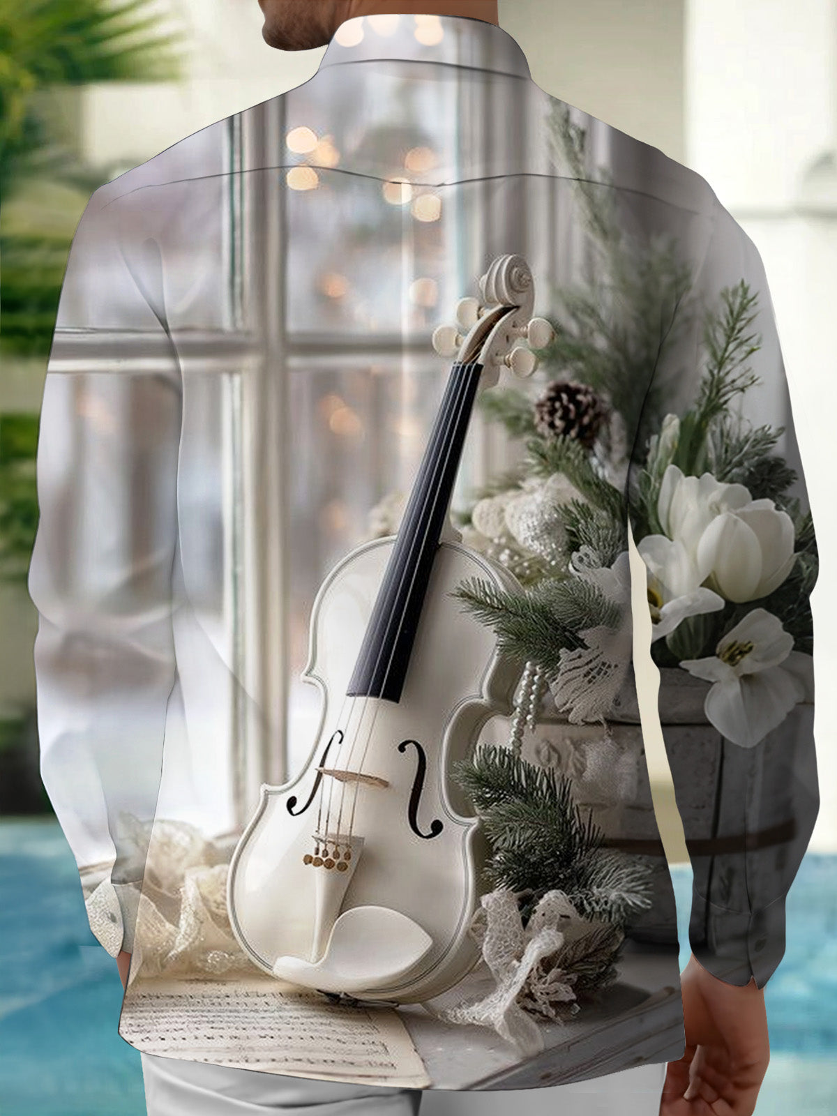 Adaychic Men's Printed White Violin Print Long Sleeve Shirt with Chest Pocket