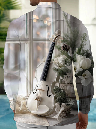 Adaychic Men's Printed White Violin Print Long Sleeve Shirt with Chest Pocket