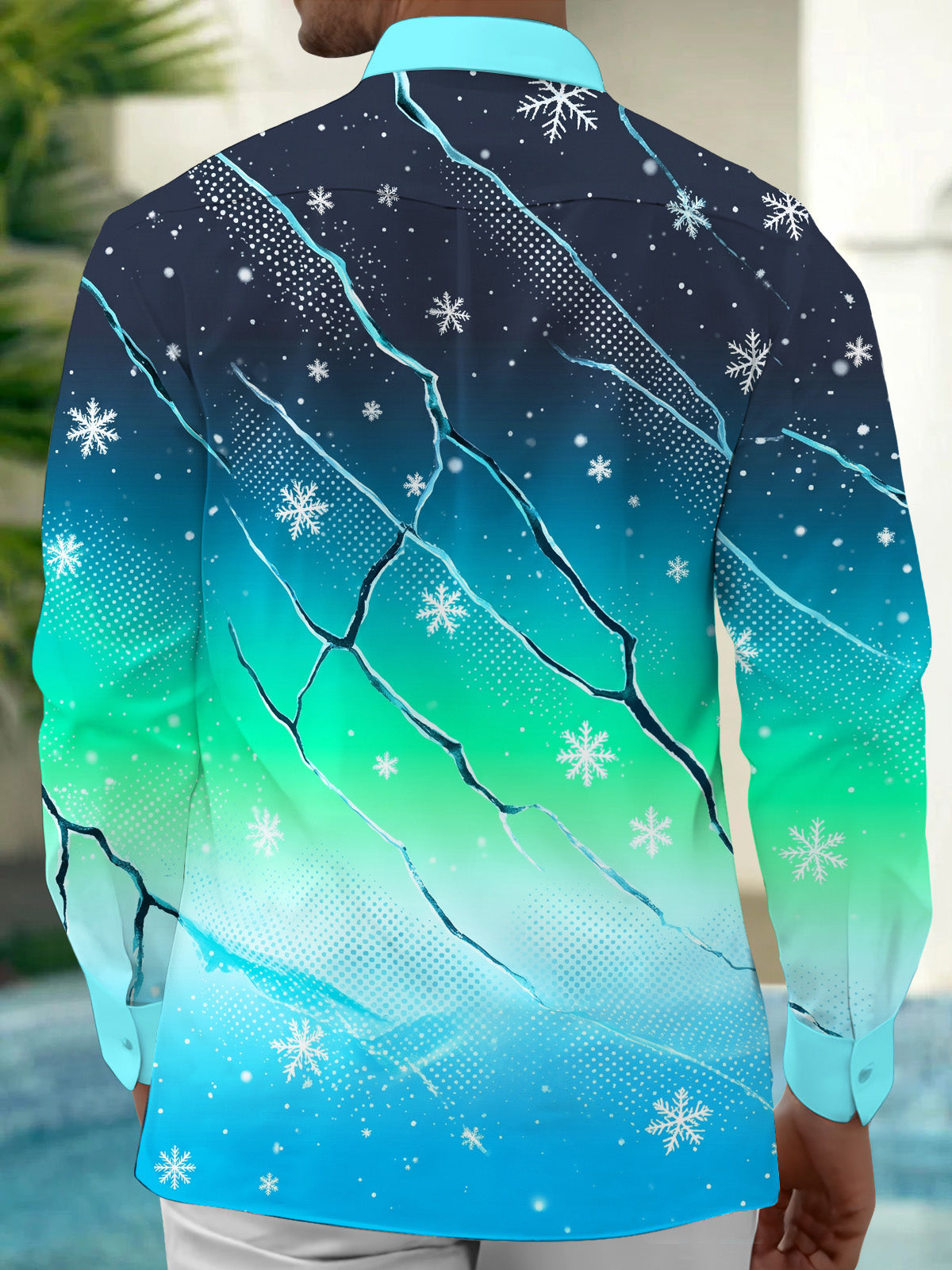 Adaychic Men's Snowflake Gradient With Geometric Cracks Print Long Sleeve Shirt with Chest Pocket