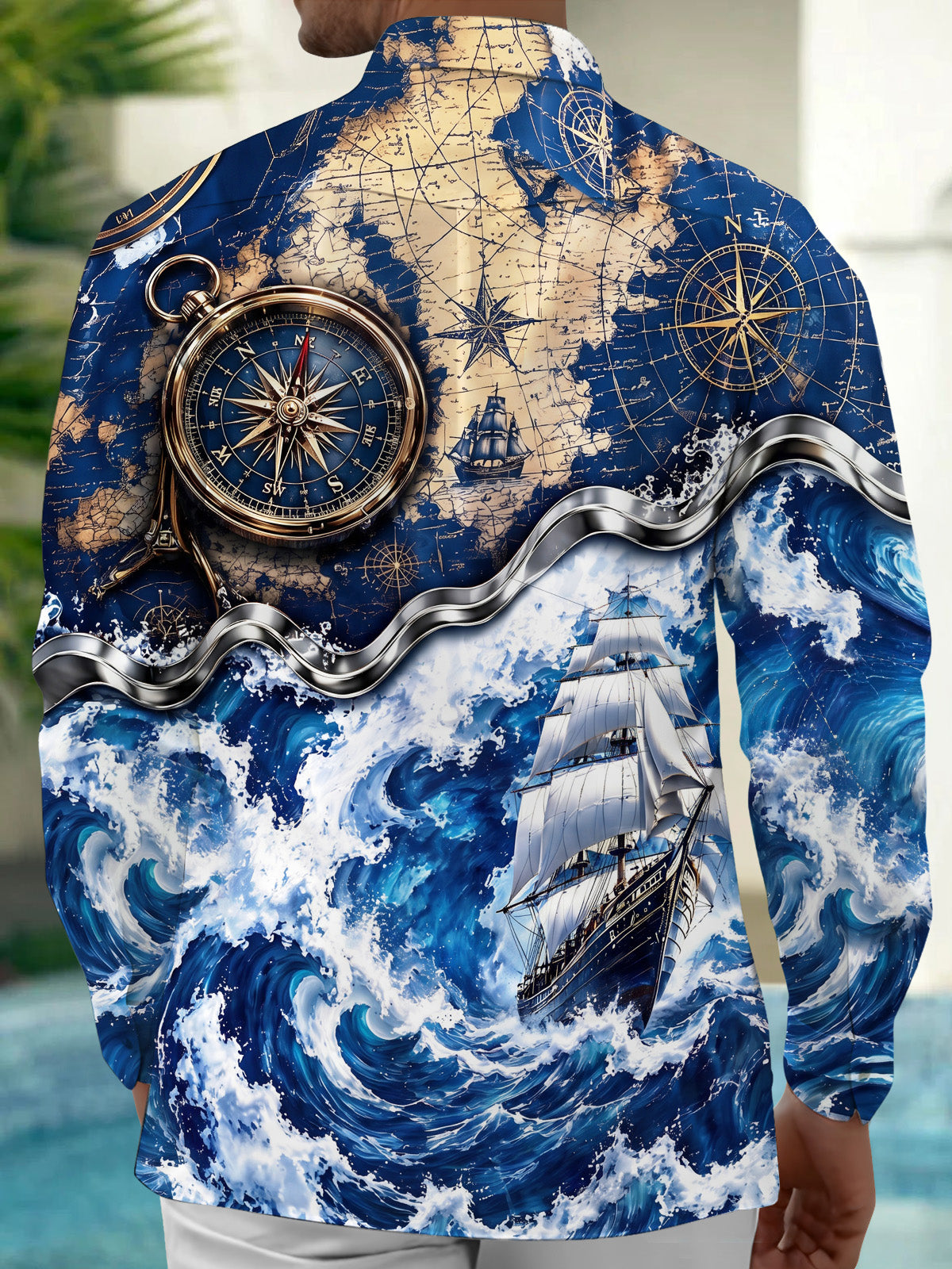 Adaychic Men's Vintage Nautical Map And Compass Print Long Sleeve Shirt with Chest Pocket