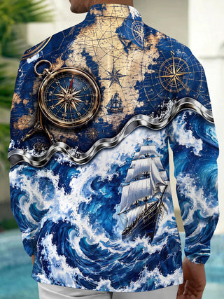 Adaychic Men's Vintage Nautical Map And Compass Print Long Sleeve Shirt with Chest Pocket