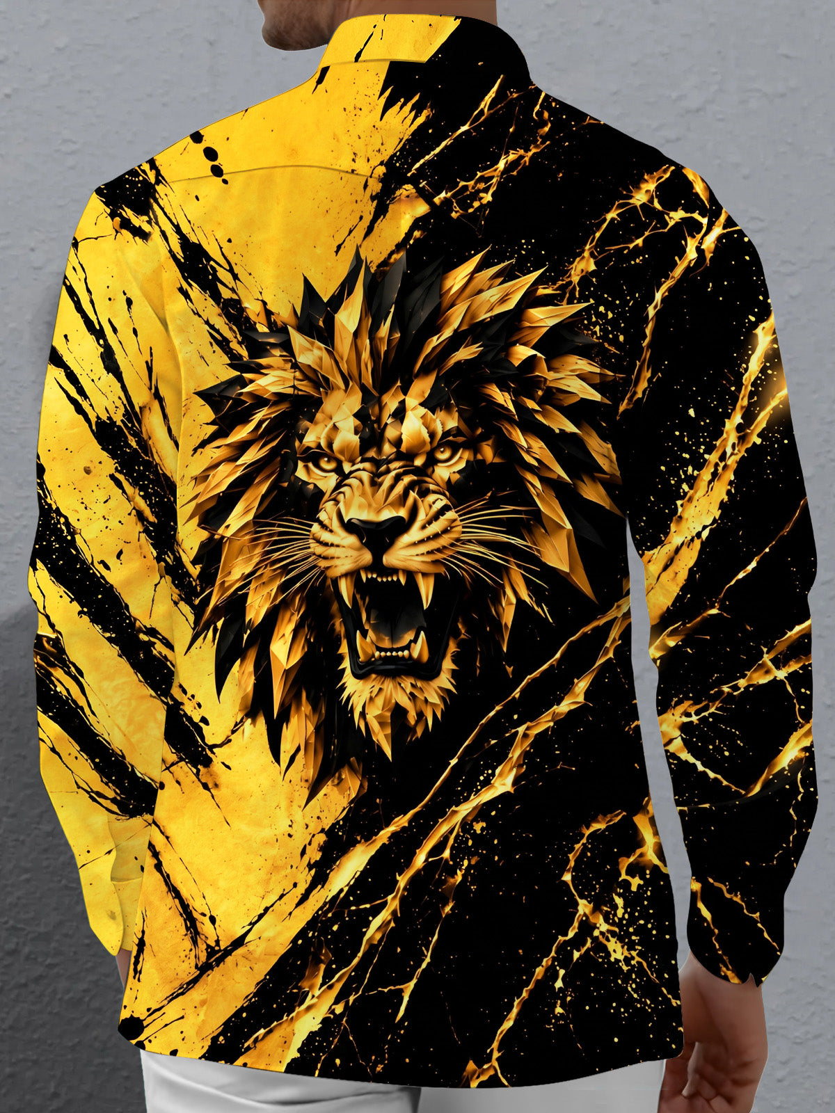Adaychic Men's Graphic Geometric Lion Face Print Long Sleeve Shirt with Chest Pocket