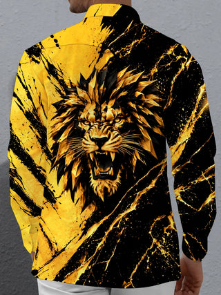 Adaychic Men's Graphic Geometric Lion Face Print Long Sleeve Shirt with Chest Pocket