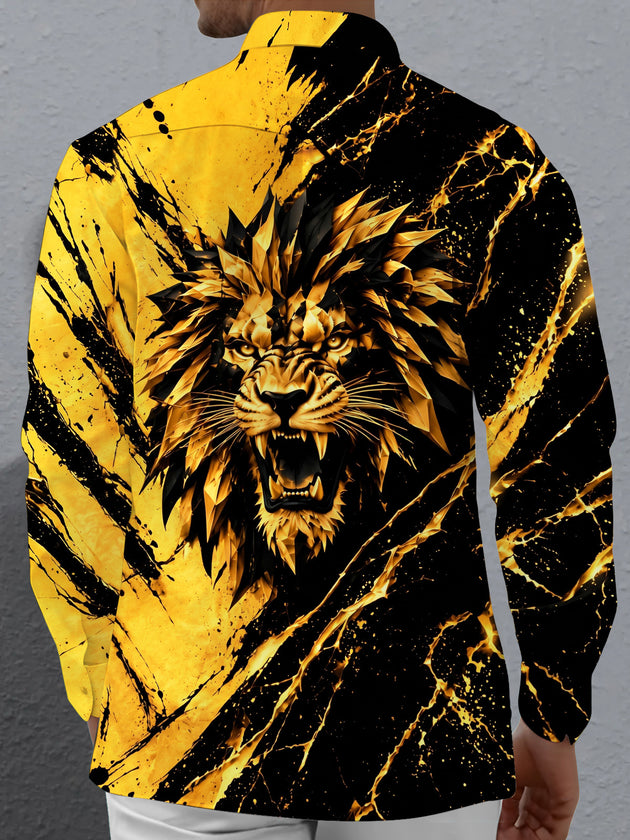 Adaychic Men's Graphic Geometric Lion Face Print Long Sleeve Shirt with Chest Pocket