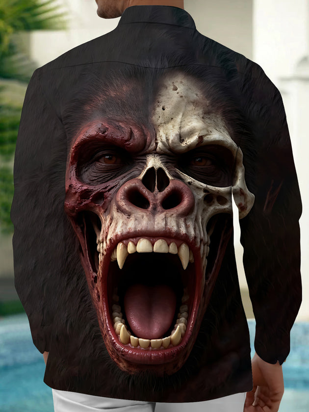 Adaychic Men's Graphic 3D Orangutan Skull And Face Print Long Sleeve Shirt with Chest Pocket