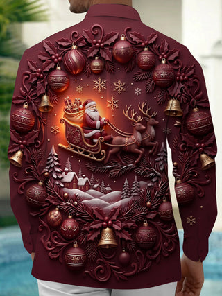 Adaychic Men's 3D Christmas Ornaments Print Long Sleeve Shirt with Chest Pocket
