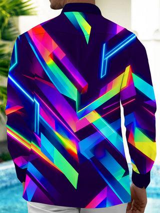 Adaychic Men's Printed Neon Geometric Abstract Lines Print Long Sleeve Shirt with Chest Pocket