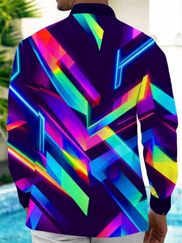 Adaychic Men's Printed Neon Geometric Abstract Lines Print Long Sleeve Shirt with Chest Pocket