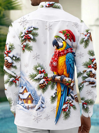 Adaychic Men's Graphic Christmas Parrot Print Long Sleeve Shirt with Chest Pocket