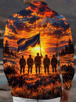 Adaychic Men's Veterans Day Soldiers And Flag At Sunset Print Long Sleeve Shirt with Chest Pocket
