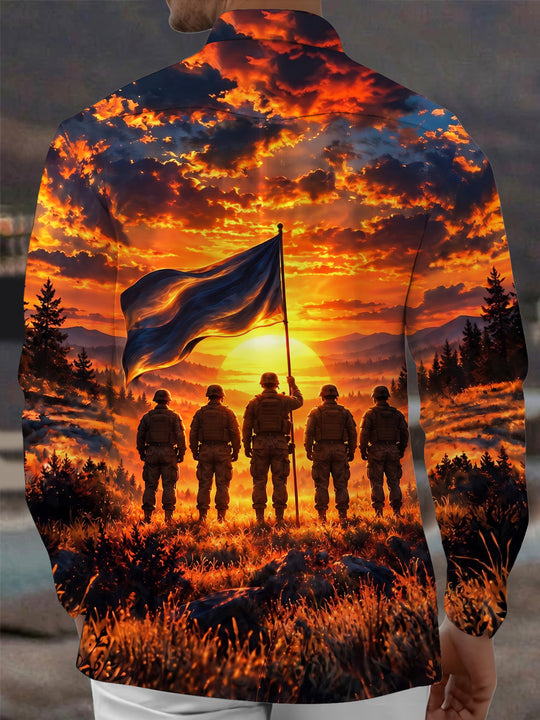 Adaychic Men's Veterans Day Soldiers And Flag At Sunset Print Long Sleeve Shirt with Chest Pocket