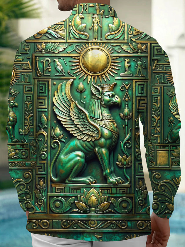 Adaychic Men's Graphic Ancient Egyptian Griffin Relief Print Long Sleeve Shirt with Chest Pocket