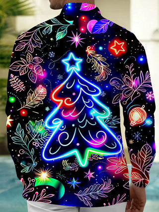 Adaychic Men's Graphic Neon Christmas Tree Print Long Sleeve Shirt with Chest Pocket