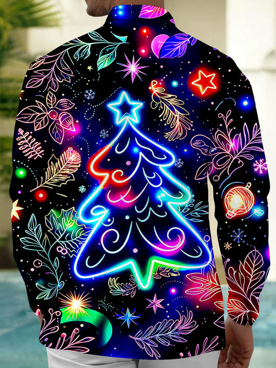 Adaychic Men's Graphic Neon Christmas Tree Print Long Sleeve Shirt with Chest Pocket