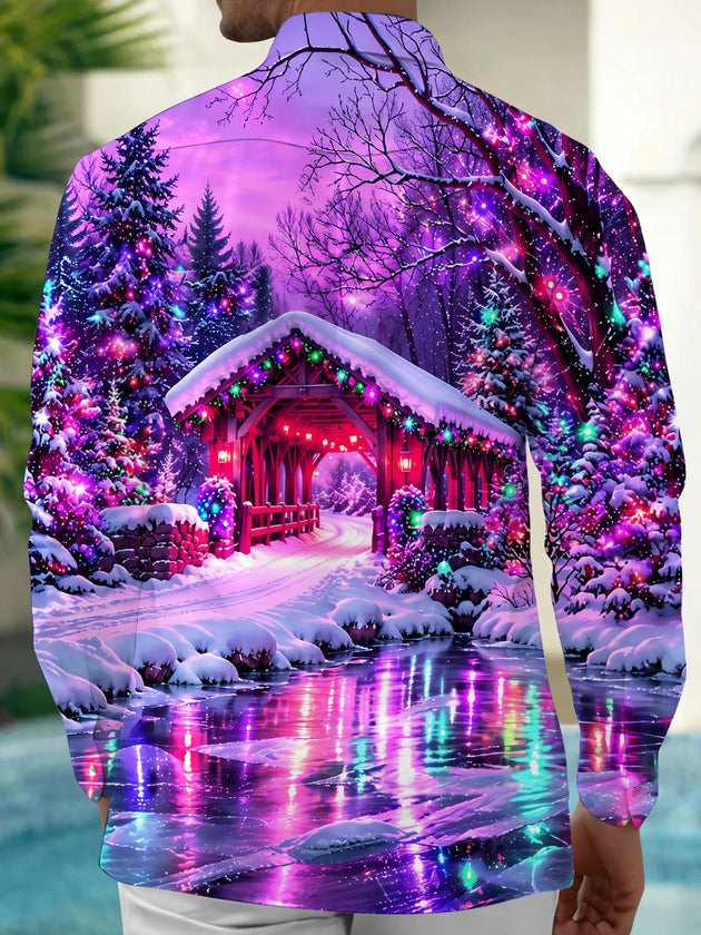 Adaychic Men's Long Sleeve Shirt - Christmas Covered Bridge And Winter Landscape Print with Chest Pocket