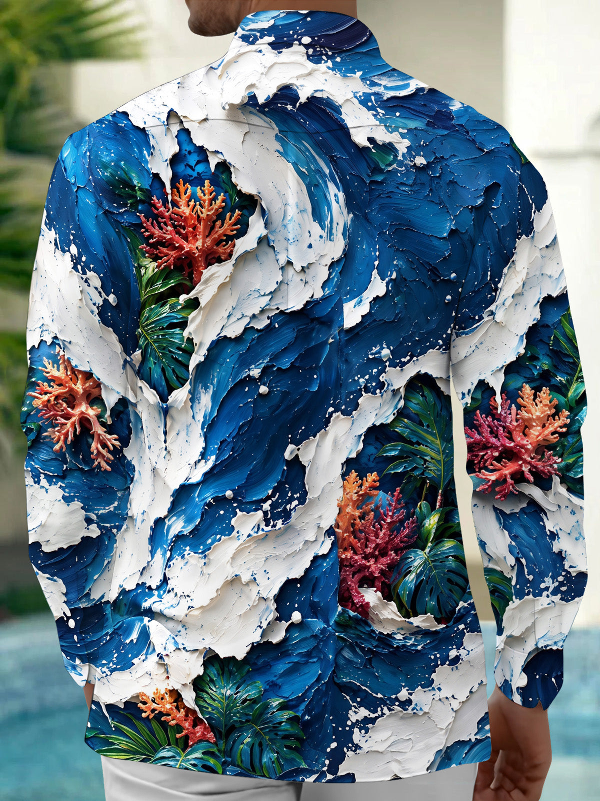Adaychic Men's Hawaiian Coral Reefs And Tropical Leaves Print Long Sleeve Shirt with Chest Pocket
