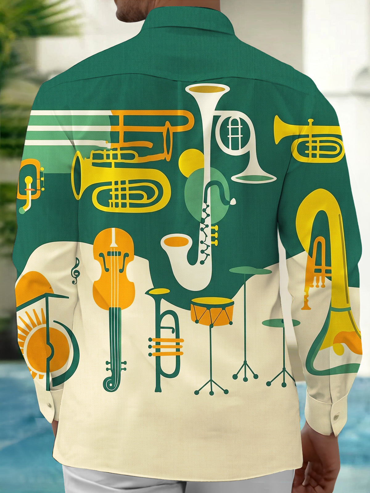 Adaychic Men's Printed Musical Instruments Print Long Sleeve Shirt with Chest Pocket