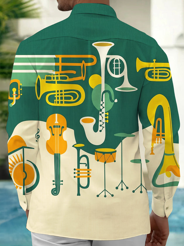 Adaychic Men's Printed Musical Instruments Print Long Sleeve Shirt with Chest Pocket