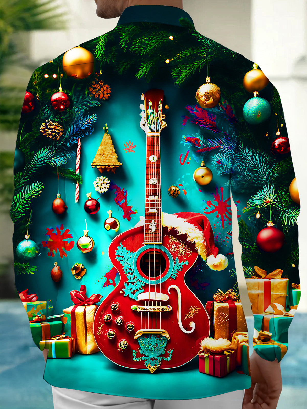Adaychic Men's Printed Christmas Guitar Print Long Sleeve Shirt with Chest Pocket