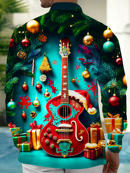 Adaychic Men's Printed Christmas Guitar Print Long Sleeve Shirt with Chest Pocket