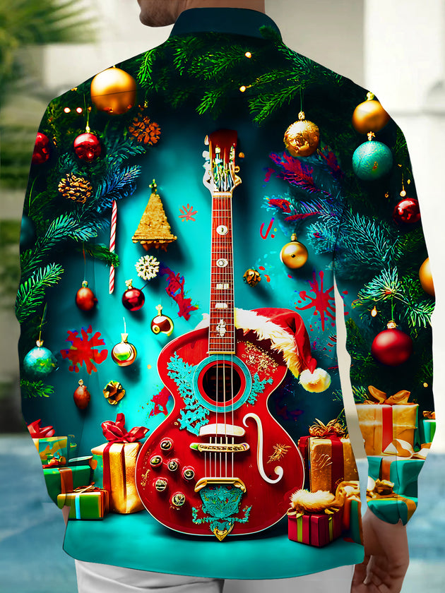 Adaychic Men's Printed Christmas Guitar Print Long Sleeve Shirt with Chest Pocket