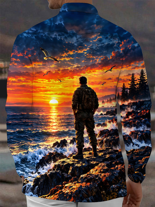 Adaychic Men's Long Sleeve Shirt - Veterans Day Soldier Silhouette And Sunset Ocean Landscape Print with Chest Pocket