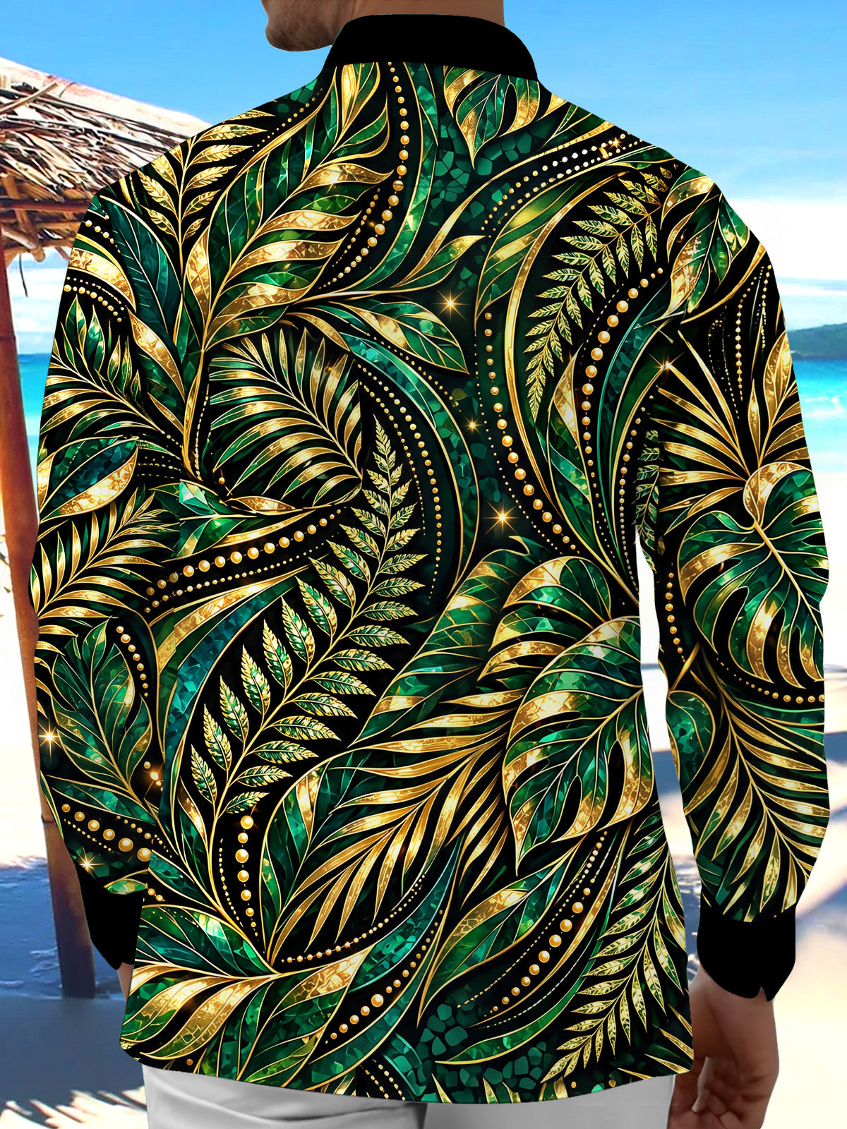 Adaychic Men's Gold And Green Palm Leaves And Ferns Print Long Sleeve Shirt with Chest Pocket