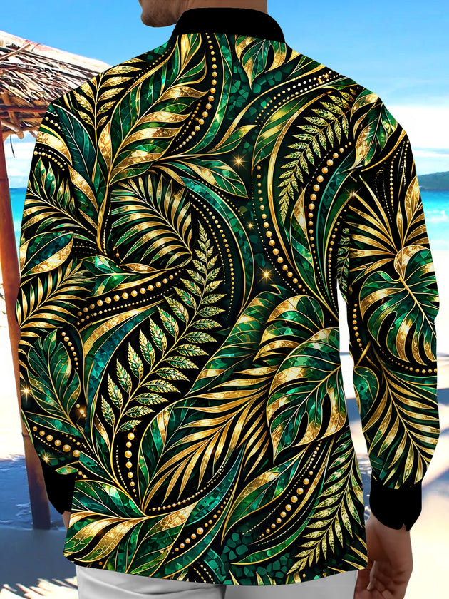 Adaychic Men's Gold And Green Palm Leaves And Ferns Print Long Sleeve Shirt with Chest Pocket