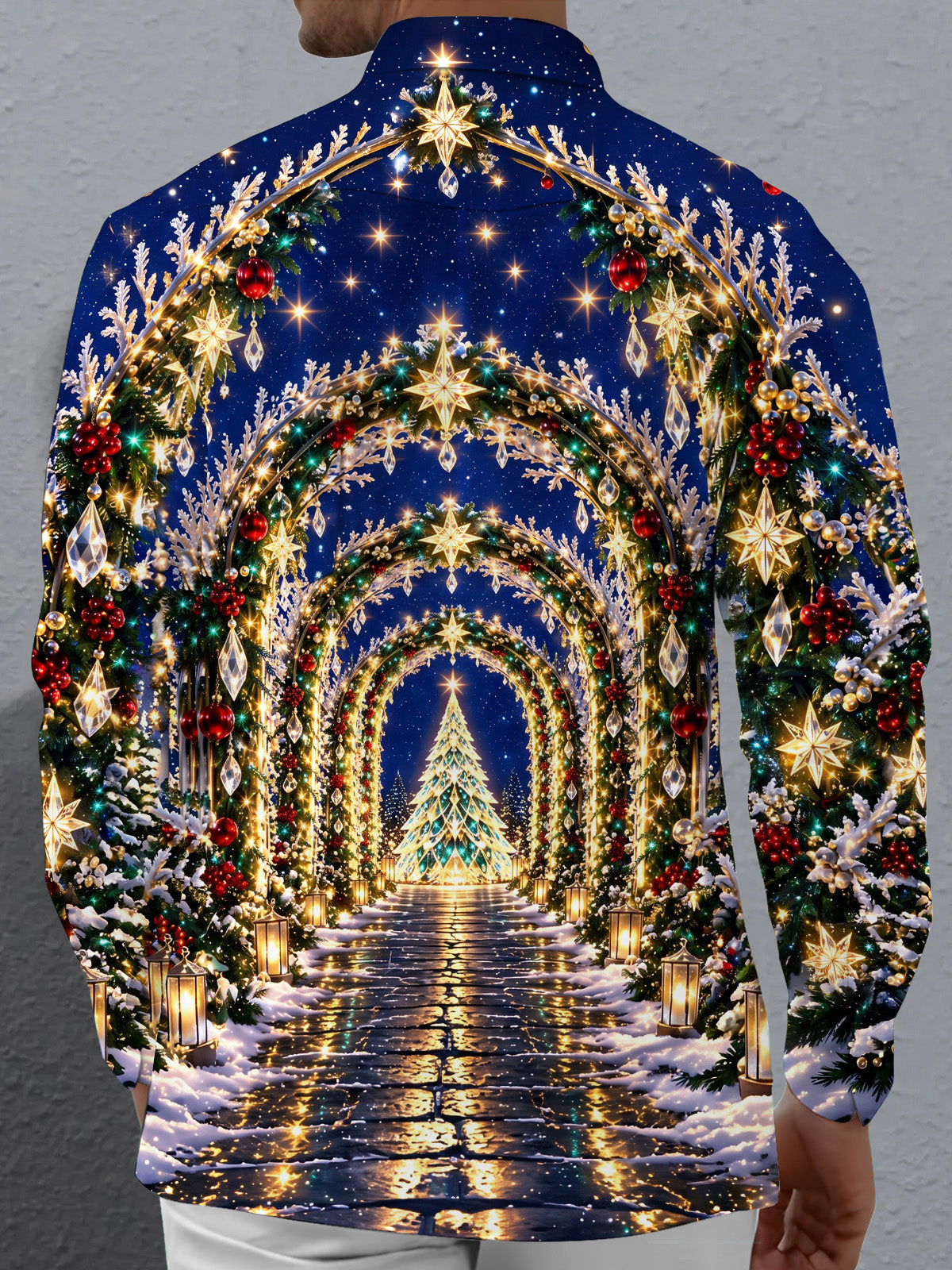 Adaychic Men's Long Sleeve Shirt - Christmas Tree And Archway With Ornaments Print with Chest Pocket